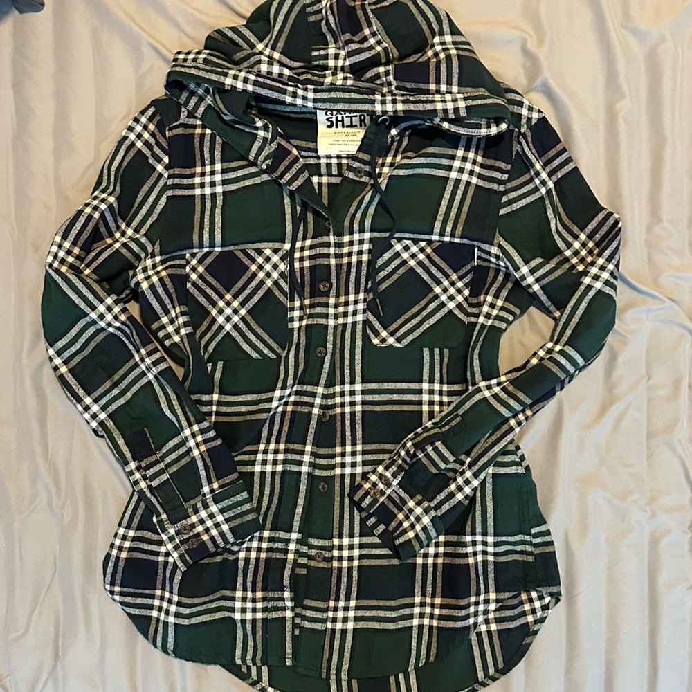 Old Y2K Garage Green and Blue Plaid Hooded Shirt